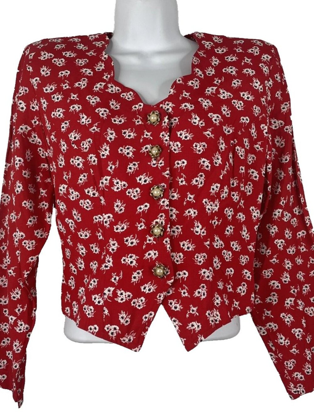 Vintage 80s La Belle Crop Jacket Blazer Size 3 Juniors Red White Floral Rayon